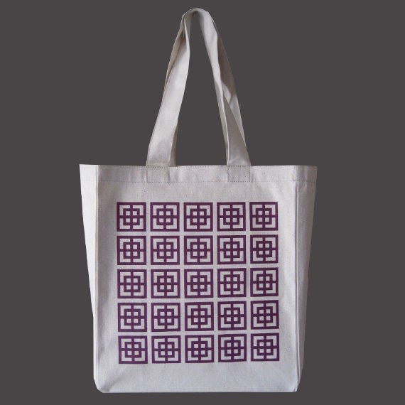 Recycled Cotton Canvas Tote - Geometric Squares, Plum