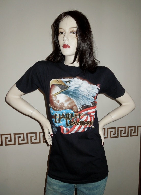 1986 Harley Davidson 3D Emblem Patriotic Bald Eagle American Flag Black T Shirt Golden State San Jose Ca
