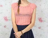 Vintage CROCHET TOP - peach knit summer cover up boho hippie 70s S