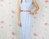 Vintage daisy dress - sleeveless shirt blue floral button front cute 80s reworked M
