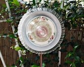 SKY BLUE Garden Plate Flower, Yard Art, Garden Gift, Glass Garden Flower, Garden Ornament, Blue Garden FLower, Outdoor Decor, pink, green