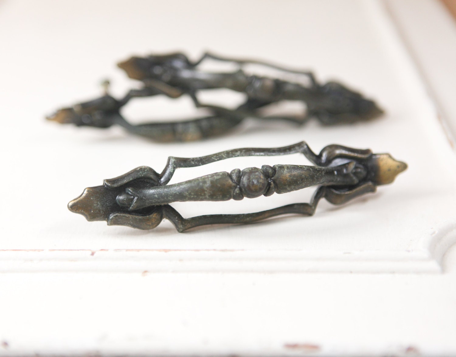 Vintage Antiqued Brass Hardware, Curved Handle Pulls, w/ attached mounting plate for cabinets and drawers (set of 3).