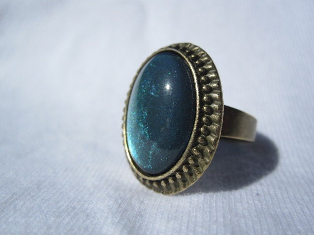 Oval Nail Polish Ring - Dark Metallic Green Teal Glitter Sparkle Shimmer, Jade, Easter, NHL, San Jose Sharks, Ovarian Cancer Awareness