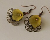 Dangle Earrings, Lucite Yellow Flowers With Brass Filigree, Trumpet Flowers from the Garden