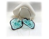 Turquoise Hearts Earrings - Sterling Silver Hoop Earrings with Handmade Glass Heart shaped Beads