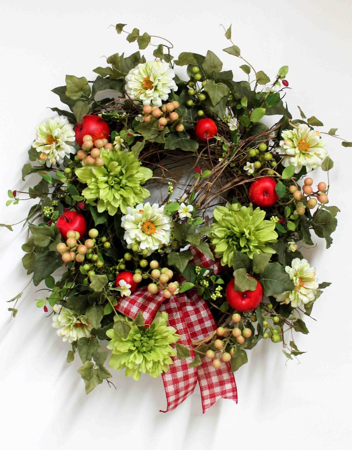 Country Wreath, Front Door Wreath, Everyday Wreath, Red Apples, Honeysuckle, Summer Wreath, Country Decor -- FREE SHIPPING