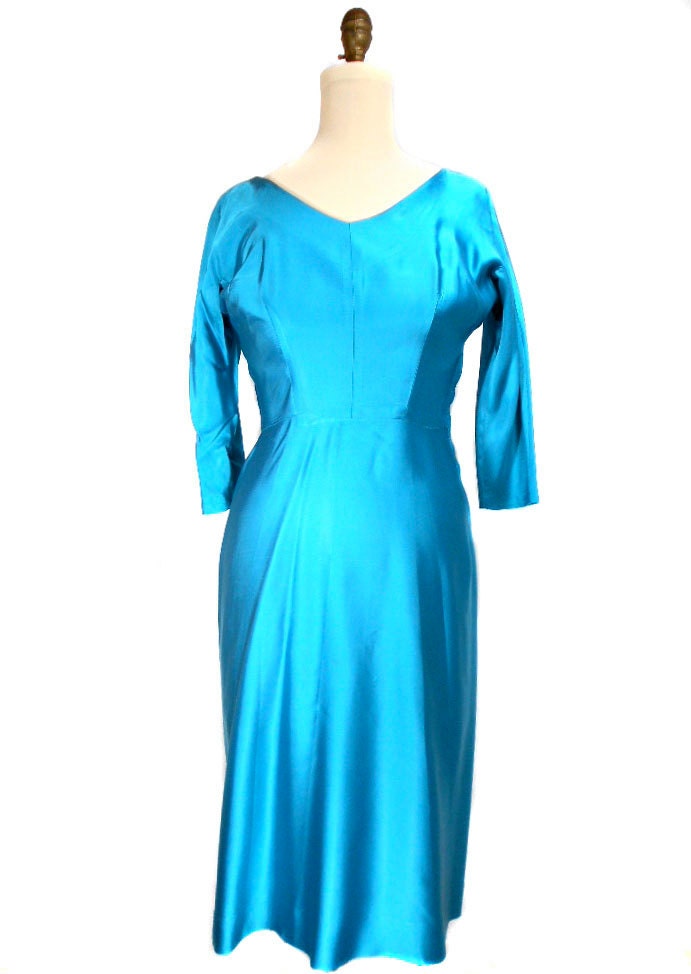 1950s Calbette Satin Wiggle Dress - Blue Azure Azul - Mad Men Dress - Party Dress - Bombshell - Size Small