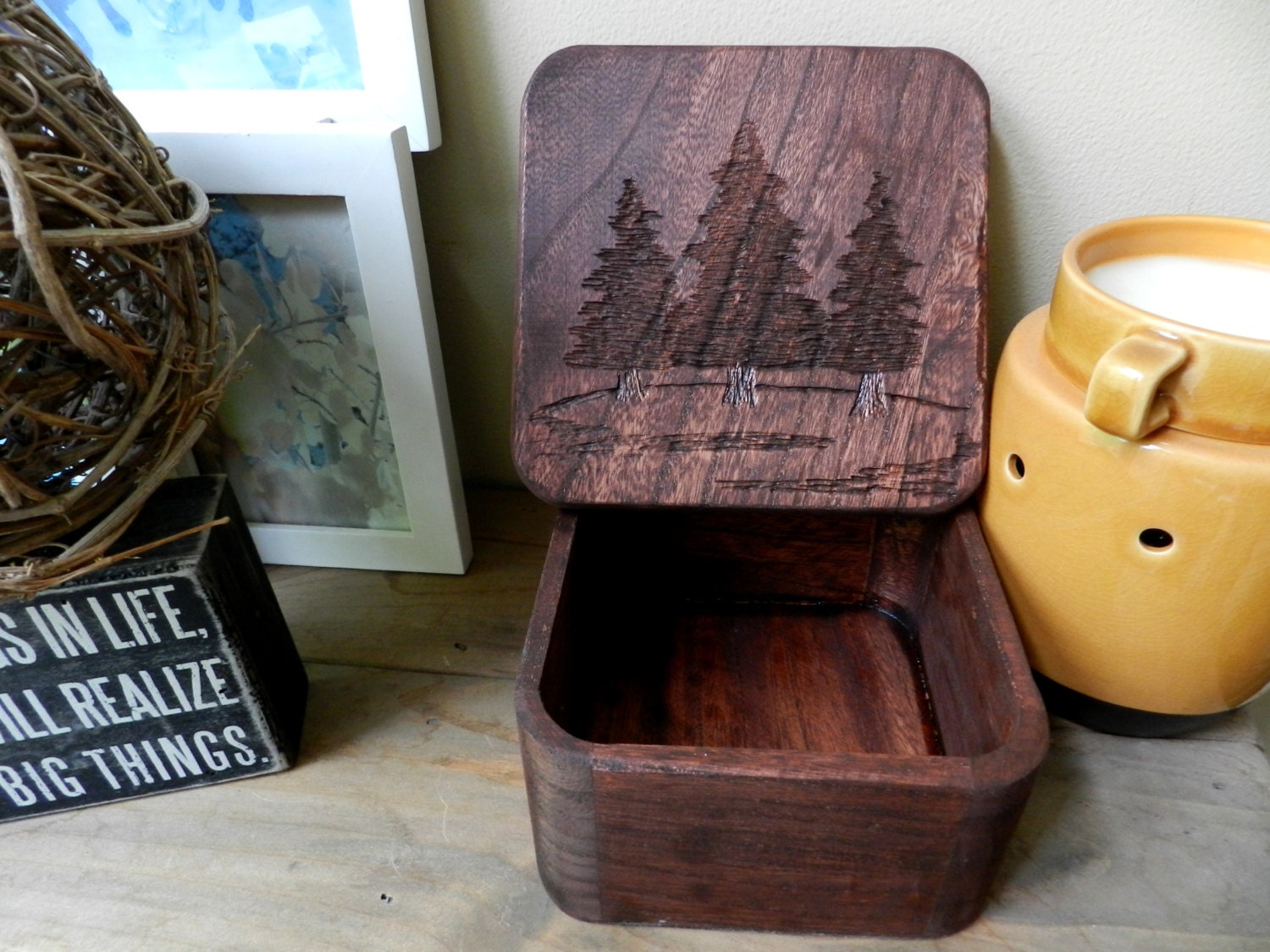 Wooden Box with hand carved pine trees on lift top lid.