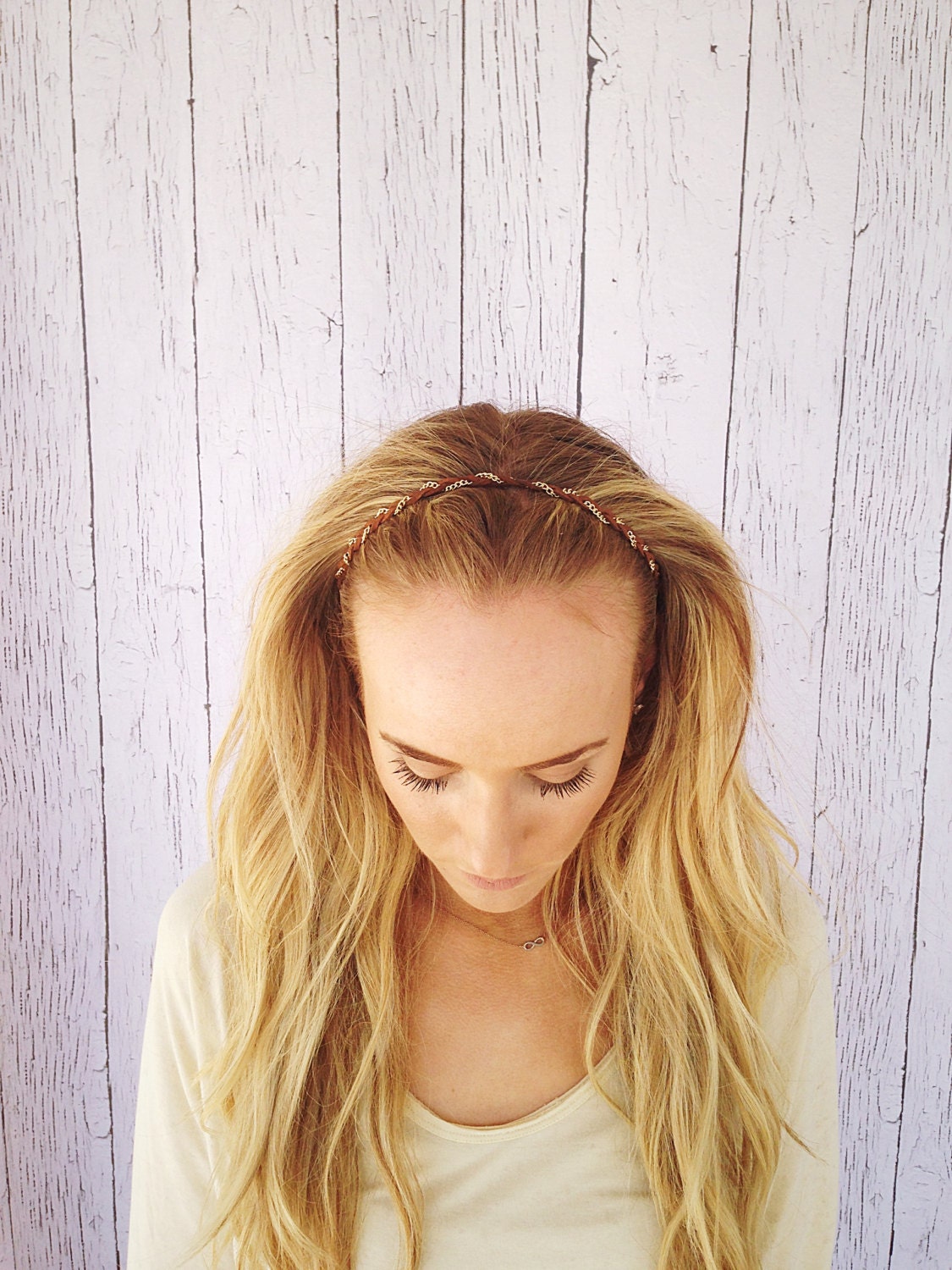 Braided Headband Chain and Leather Braided Headband Elastic Stretchy Fit Hair Band Headband Fashion Hair Accessory in Brown