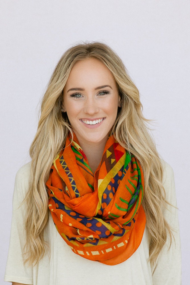Boho Infinity Scarf Wide Long Southwestern Bohemian Tribal Loop Circle Scarf for Spring Women's Fashion Accessory TANGERINE