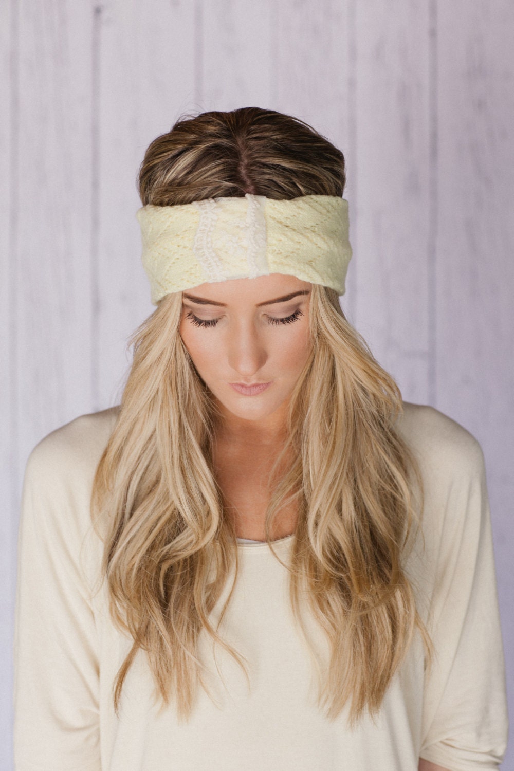 Lacy Headband in Lemonade Yellow Summer Knit Headband Hair Band Open With Vintage Lace