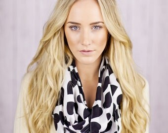 I LOVE this Scarf Hearts Infinity Scarf White Scarf with Black Hearts Circle Scarf Loop Women's Fashion Accessories