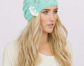 Mint Open Knit Beanie with Lace Crochet Trim and Ivory Satin Buttons - "Can't Top Knit" Beanie