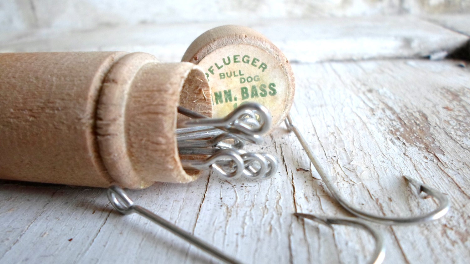 1940s, Vintage Fishing Hooks, Wooden Tube, Sports and Camping for Collection, Display, Props, Industrial, Hunting Lodge, Cabin