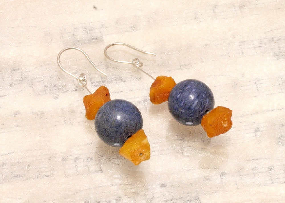 Raw honey amber with blue coral balls, mango blueberry earrings
