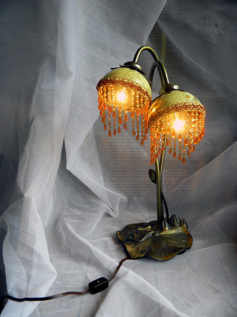 The Gaia Lamp--Brass Lillypad vase with Beaded Globes as Shades