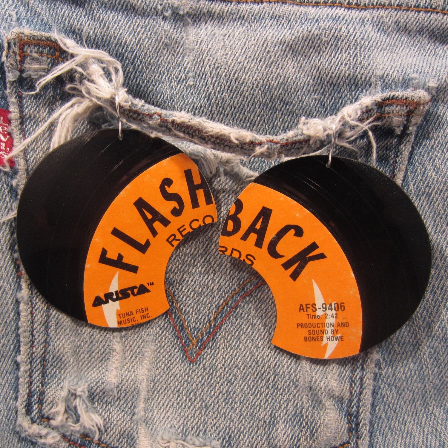 Vintage Vinyl Record Earrings, Orange Flash Back Records, Stoned Soul Picnic
