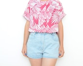 Vintage pink tropical white palm tree short sleeve women shirt