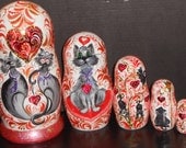 Nesting dolls matryoshka in russian folk style modern handmade the Funny Cat.