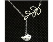 Spring Gift, Sparrow Necklace, Silver Bird Necklace, Winter Gift, Bird Lariat, Silver Branch, Bird Jewelry