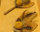 Boutonniere with Burlap, Feathers and Billy Ball