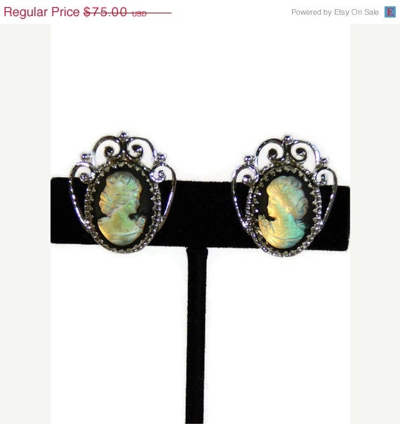 50% OFF Vintage Whiting & Davis Iridescent Cameo Clip-On Earrings