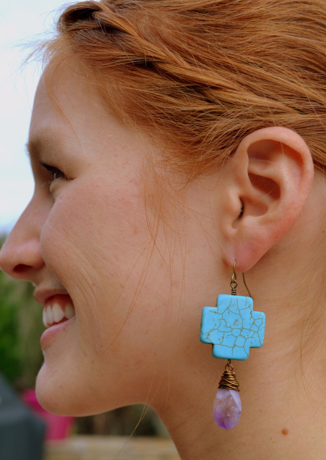 Big Tribal Cross statement earrings - Turquoise Celtic crosses & Wire wrapped Amethyst teardrops - Handmade Brass natural earrings
