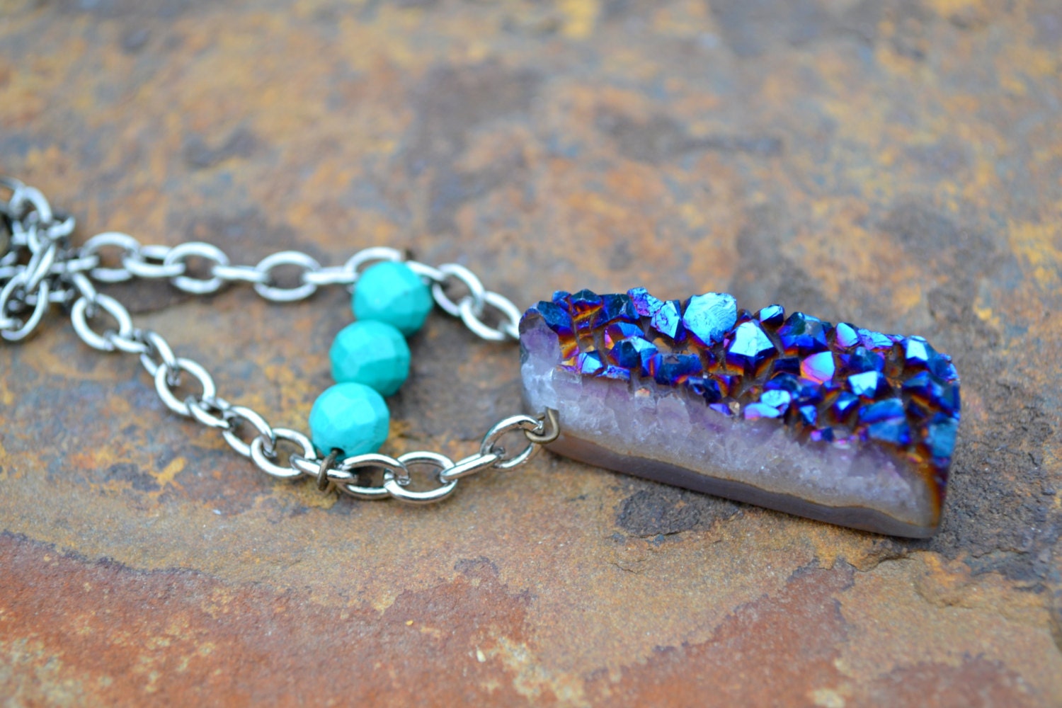 SaLe - OOAK Titanium Druzy pendant necklace - Faceted natural turquoise - Oxidized silver & Brass - Handmade statement necklace