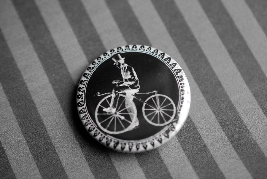 Handmade badge/pinback button - Victorian illustration - Man on a bike