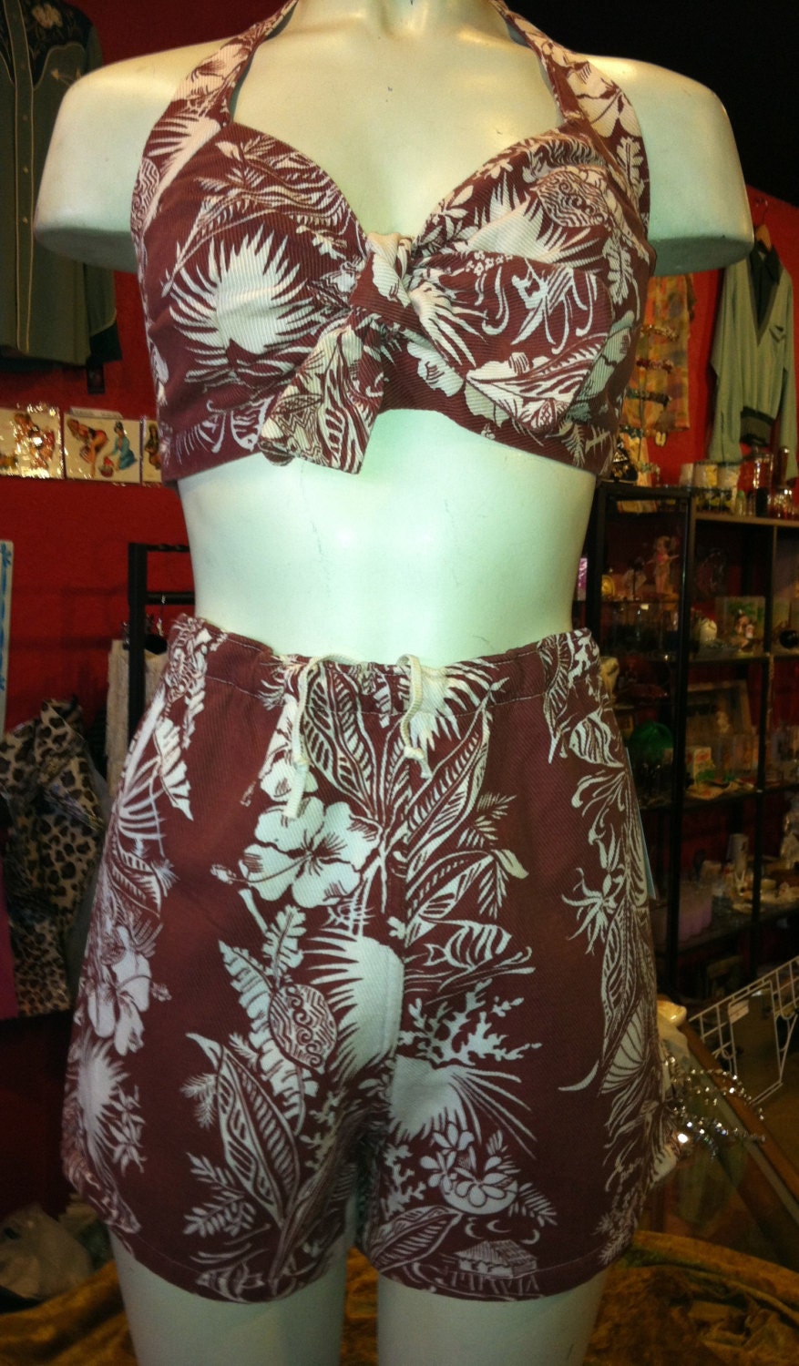 1950s Hawaiian Pinup Two Piece Tiki Sunsuit Kaliponi Hibiscus