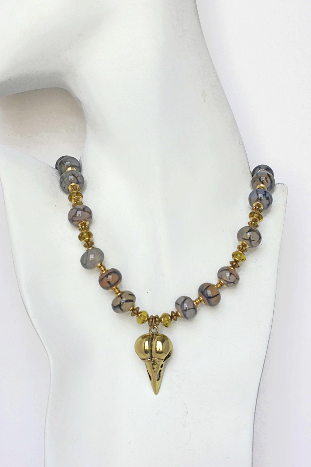 Raven Skull Pendant, Antiqued Bright Brass Plated, Pendant Necklace, Dragon Vein Agate Beads, Long Necklace, Statement Necklace, Etsy UK