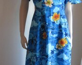70s Royal Hawaiian long blue maxi dress, vintage size 14, Bust 38"