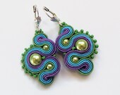 Multicolor soutache earrings handmade embroidery green blue turquoise violet satin strips TOHO oaak gift for her under 50