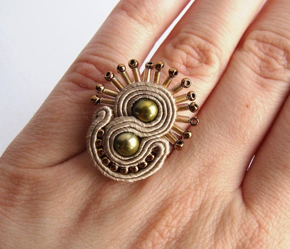 Antique gold soutache ring hand embroidery in dark beige freshwater pearls bronze beads ooak adjustable gift for her under 25