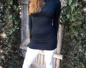 Terebellum Tunic - Rayon long-sleeved, hooded mini-dress. Little black dress. Black, brown, green, purple, or white