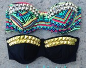 Studded Bikini Top - Swimwear - Tribal Print OR Black - Gold, Silver, or Black Studs -