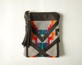 Leather and Pendleton pouch/ clutch with tassel