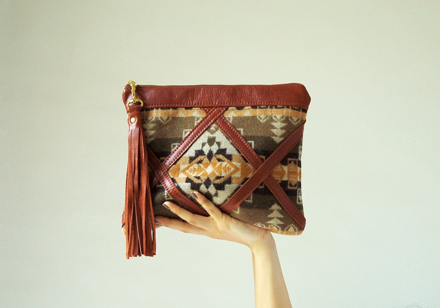 Leather and Pendleton pouch/ clutch with tassel