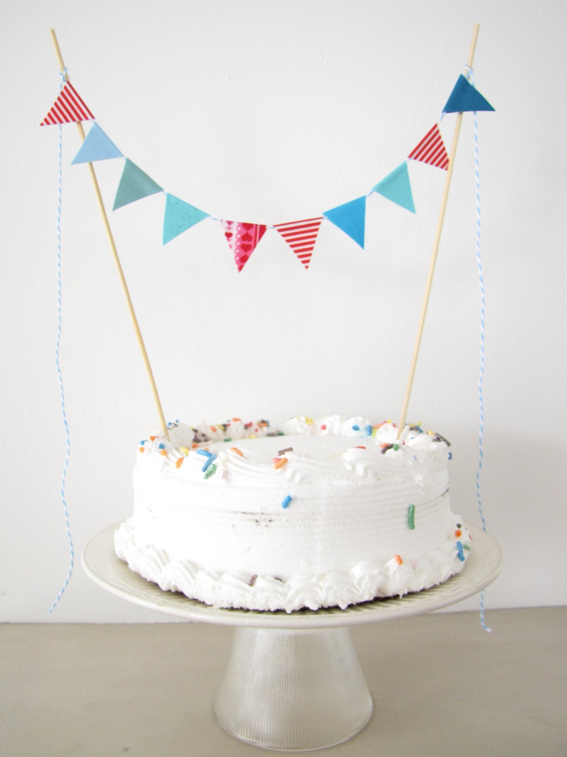 Fabric Cake Topper - Bunting Decoration - Wedding, Birthday Party, Shower Decor "Lifeguard" vintage bathing suit stripe ocean blue red heart