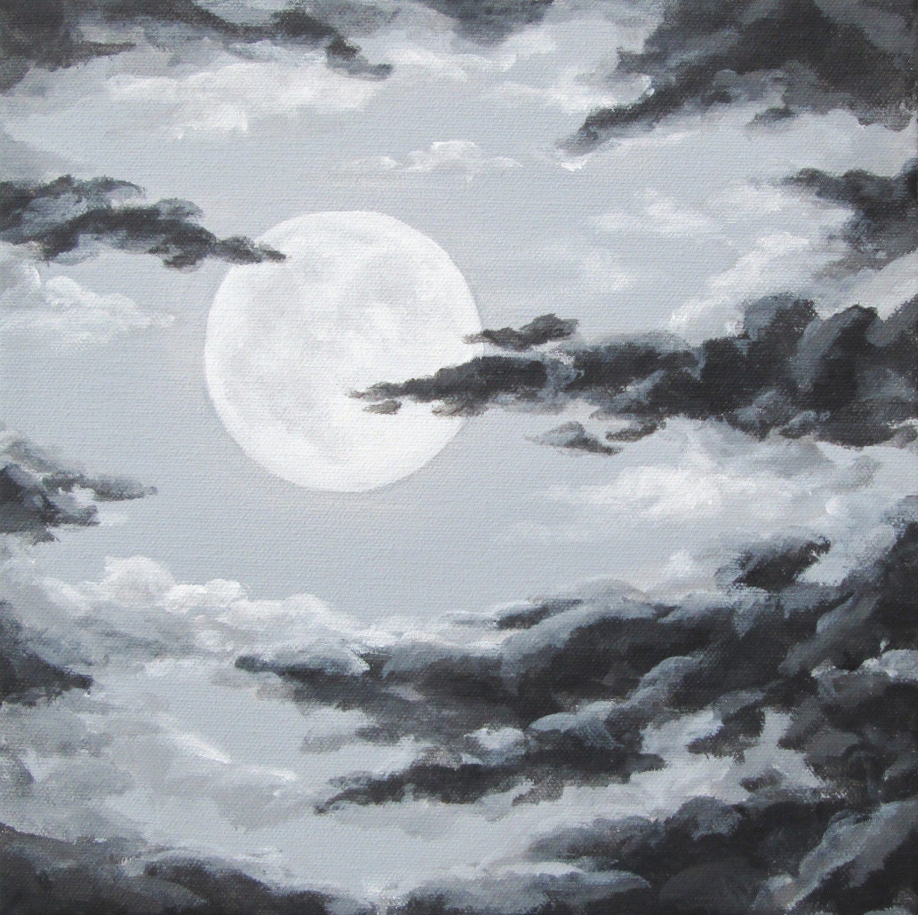 Original Night Sky Painting, Moon and Clouds, Cloudy Night Sky Art, Dark Clouds, Full Moon, Skyscape, Black Cloud Art, Grey, Gray 10" X 10"