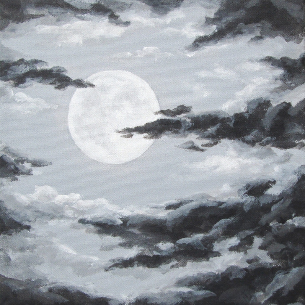 Original Night Sky Painting Moon and Clouds by ABFoleyArtworks
