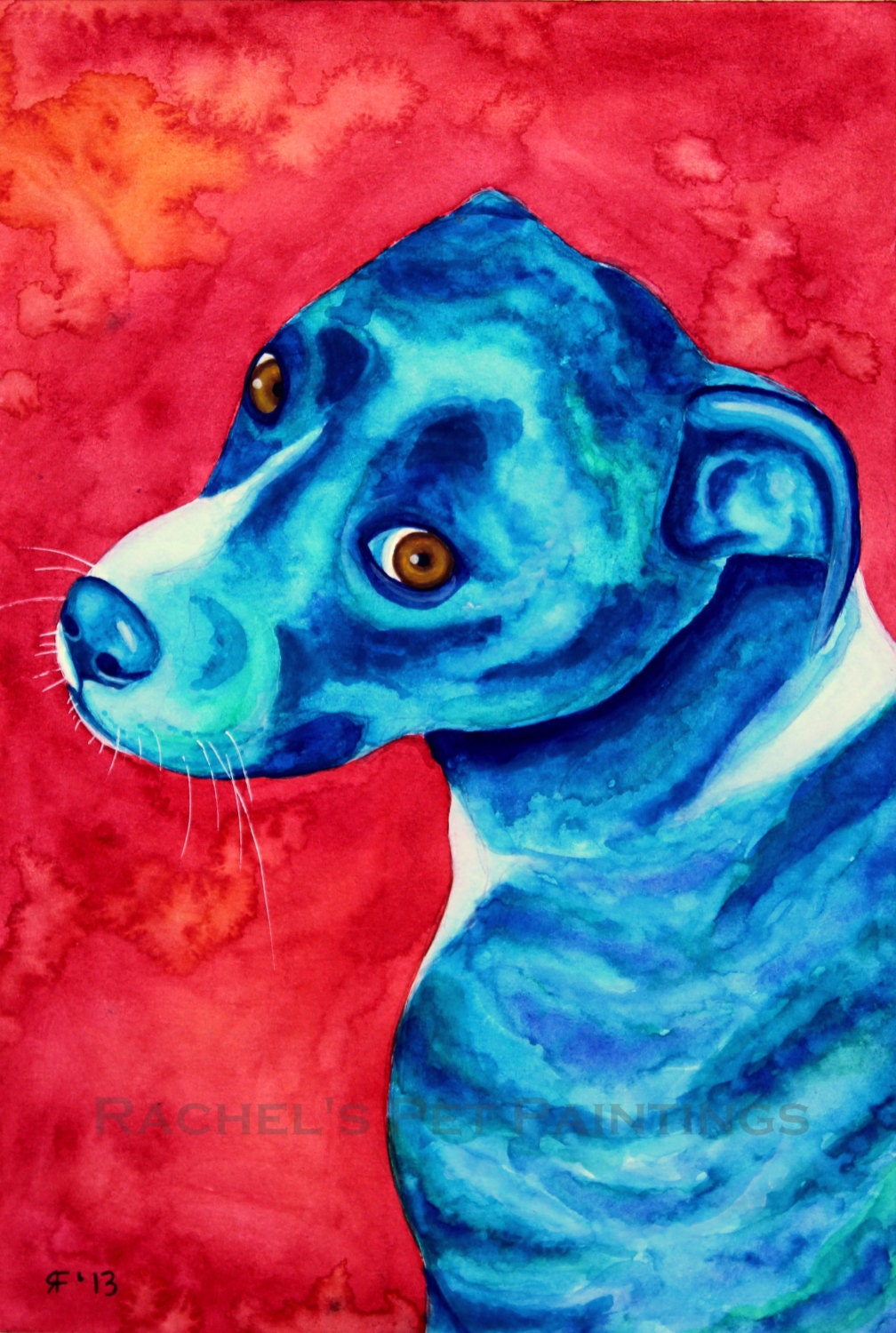 Blue Dog Painting ,  Limited Edition  8 x 10 Print of an Original Pit Bull Watercolor Painting , Modern Dog Art