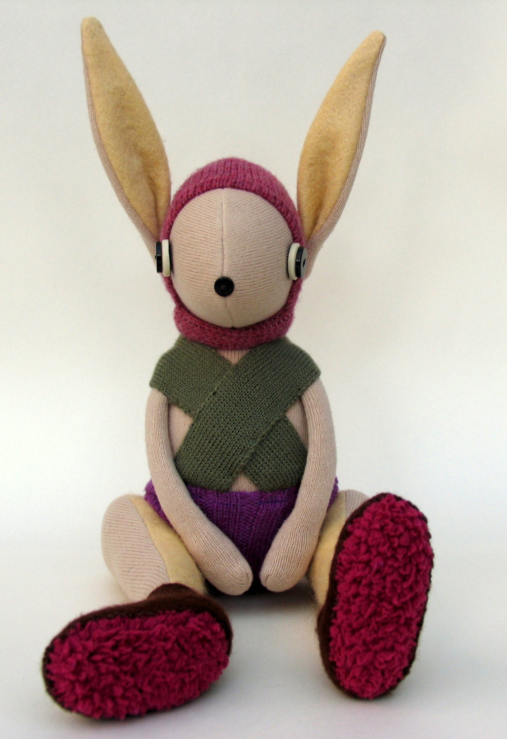 White Woollen Rabbit - Handmade plush sculpture - White woollen body with felt ears - wearing purple woollen pants with green braces.