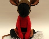 Plush Woollen Mouse - Handmade woollen mouse - black woollen body with felt ears and tail, dressed in woollen pants, hat and pullover.