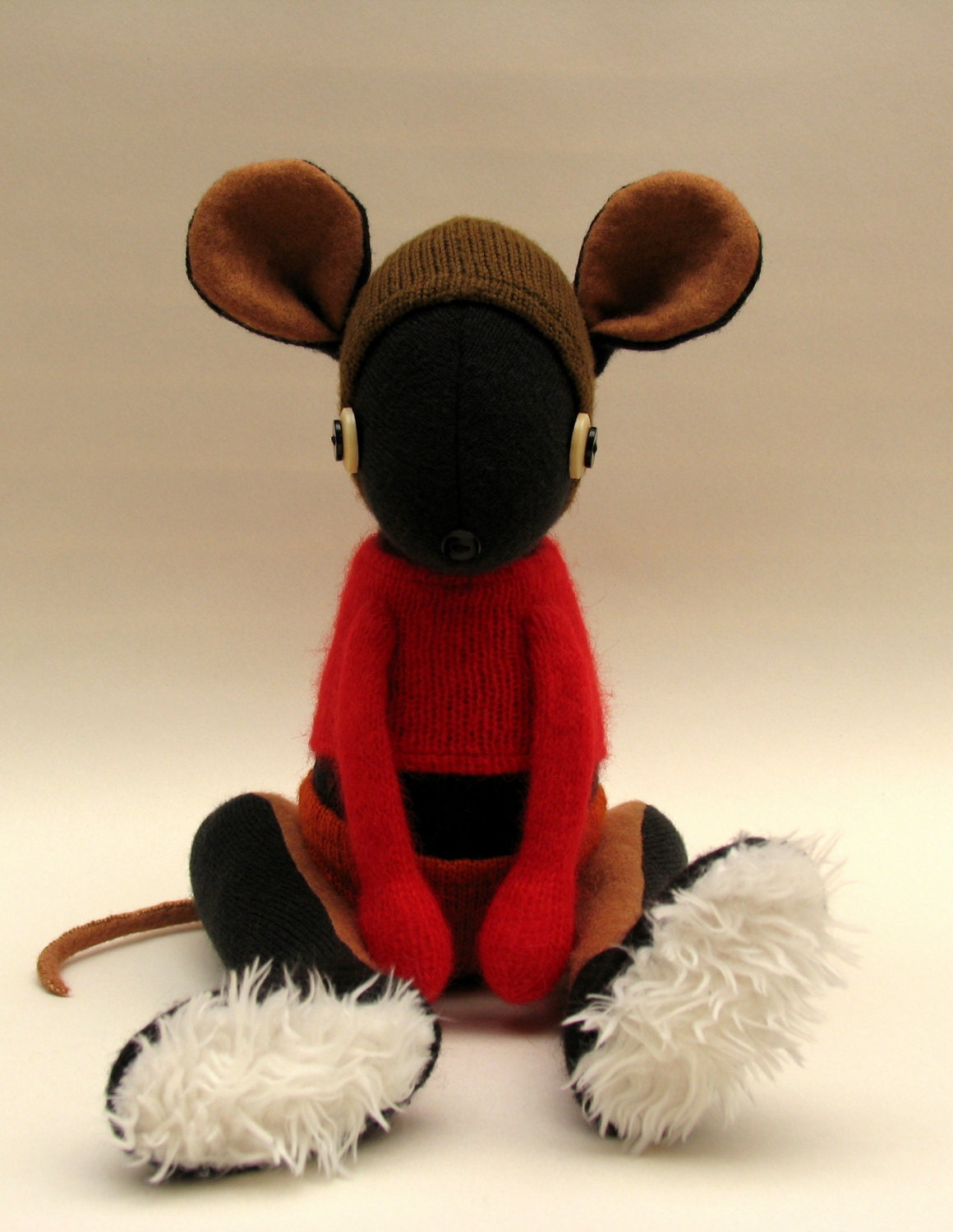 Plush Woollen Mouse - Handmade woollen mouse - black woollen body with felt ears and tail, dressed in woollen pants, hat and pullover.