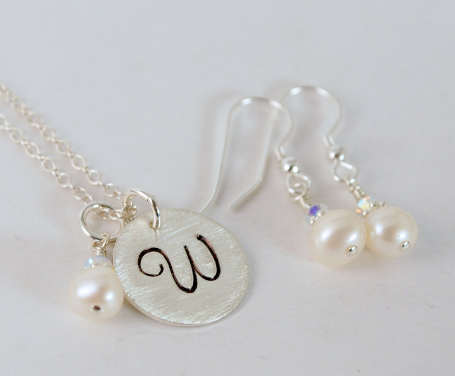 Personalized Bridsemaid Necklace with Custom Initial and Pearl Bridesmaid Earrings Hand Stamped Sterling Silver