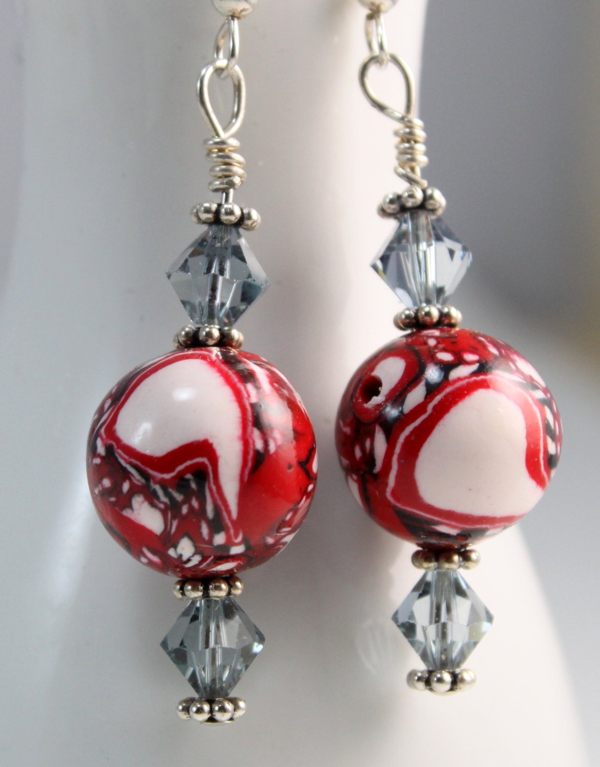 Bandana red and white handmade polymer clay beads, denim Swarovski crystal and Sterling Silver earrings