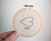 Less than Three Modern Hobo Sign -- completed modern primitive cross stitch hobo sign