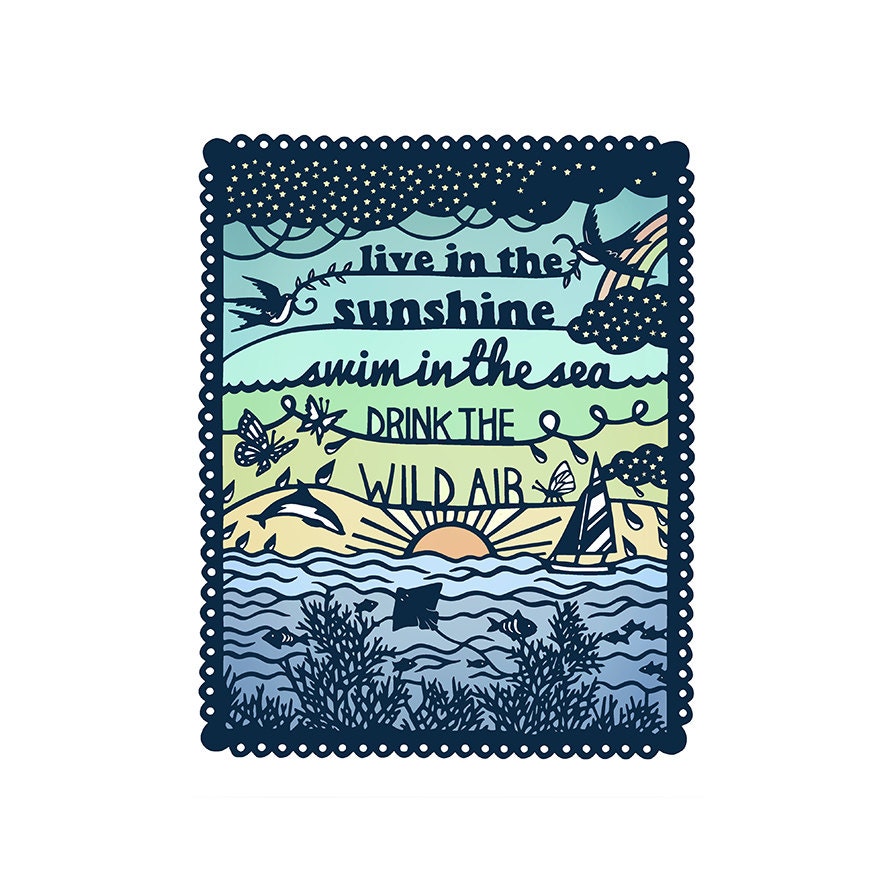 8x10 Print - Live in the Sunshine - Papercut Illustration - Summer Quote Fine Art Print