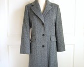 Vintage 70s teal herringbone wool coat/ pure wool/ J G Hook/ long tailored fitted/ teal green moss green off-white/ top coat/ over coat